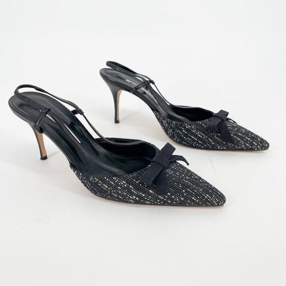 Manolo Blahnik Shoes - Manolo Blahnik Black Tweed Bow Detail Pointed Toe Slingback Heel IT 40